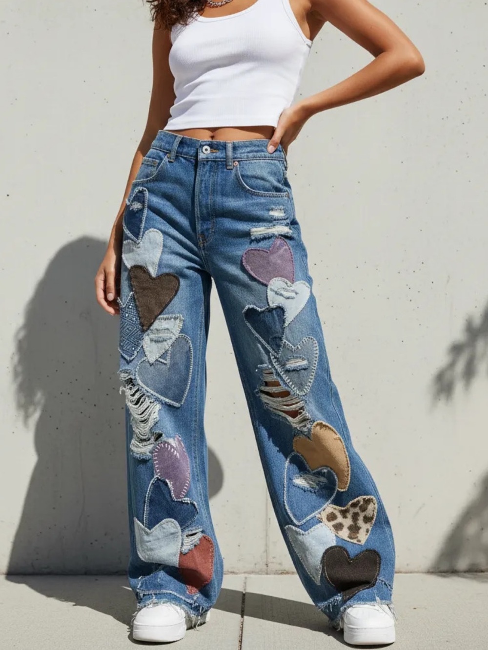 FREE PEOPLE WE THE FREE PIECE OF MY HEART PATCHWORK DISTRESSED WIDE LEG JEANS - Picture 5 of 14